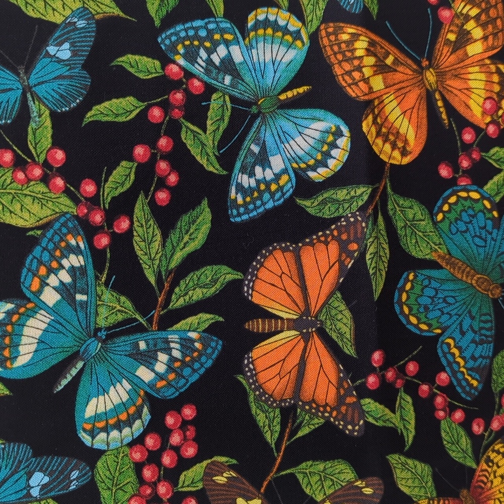 Rare Butterfly Print Cotton Fabric "Modern Curiosity" Retro Black 2 yards NWT